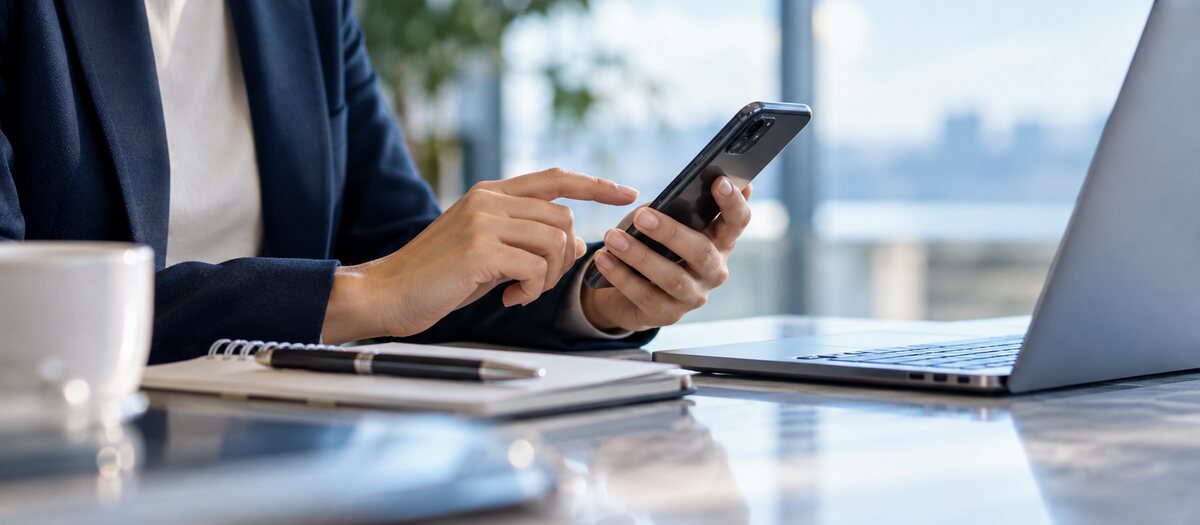 Profissional usando smartphone em um ambiente corporativo, representando contato e atendimento